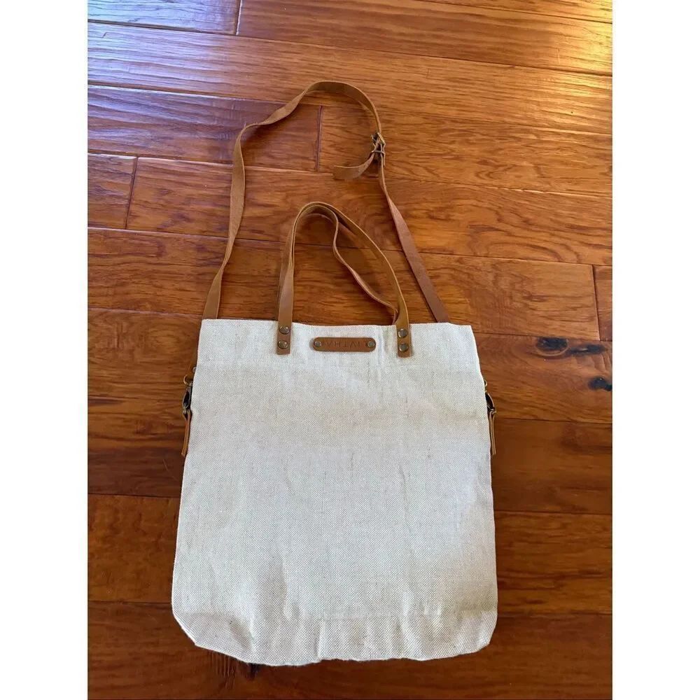 LIVTHAI Canvas Leather Foldover Tote Crossbody Beige - Picture 5 of 14